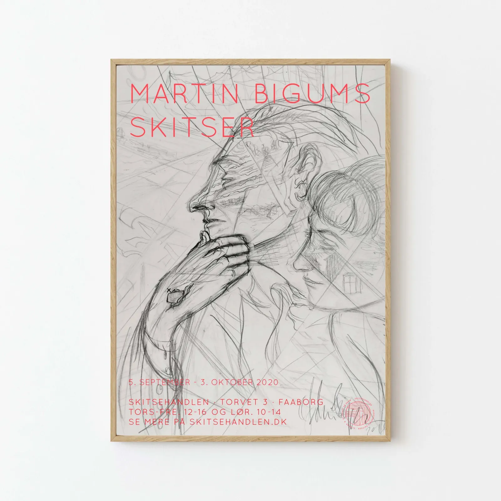 PLAKATER OG BØGER: Martin Bigums skitser (grå-rosa udstillingsplakat)