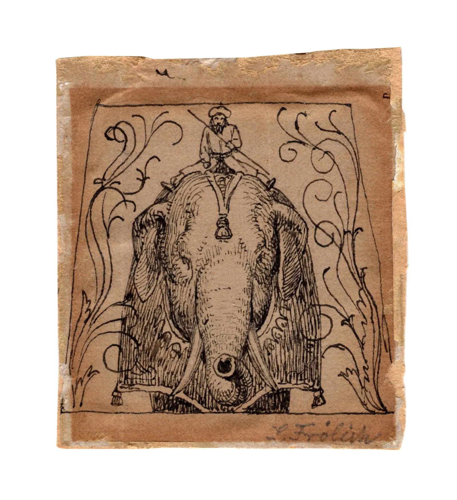 Lorenz Frølich: Elefant og elefantfører, 1840