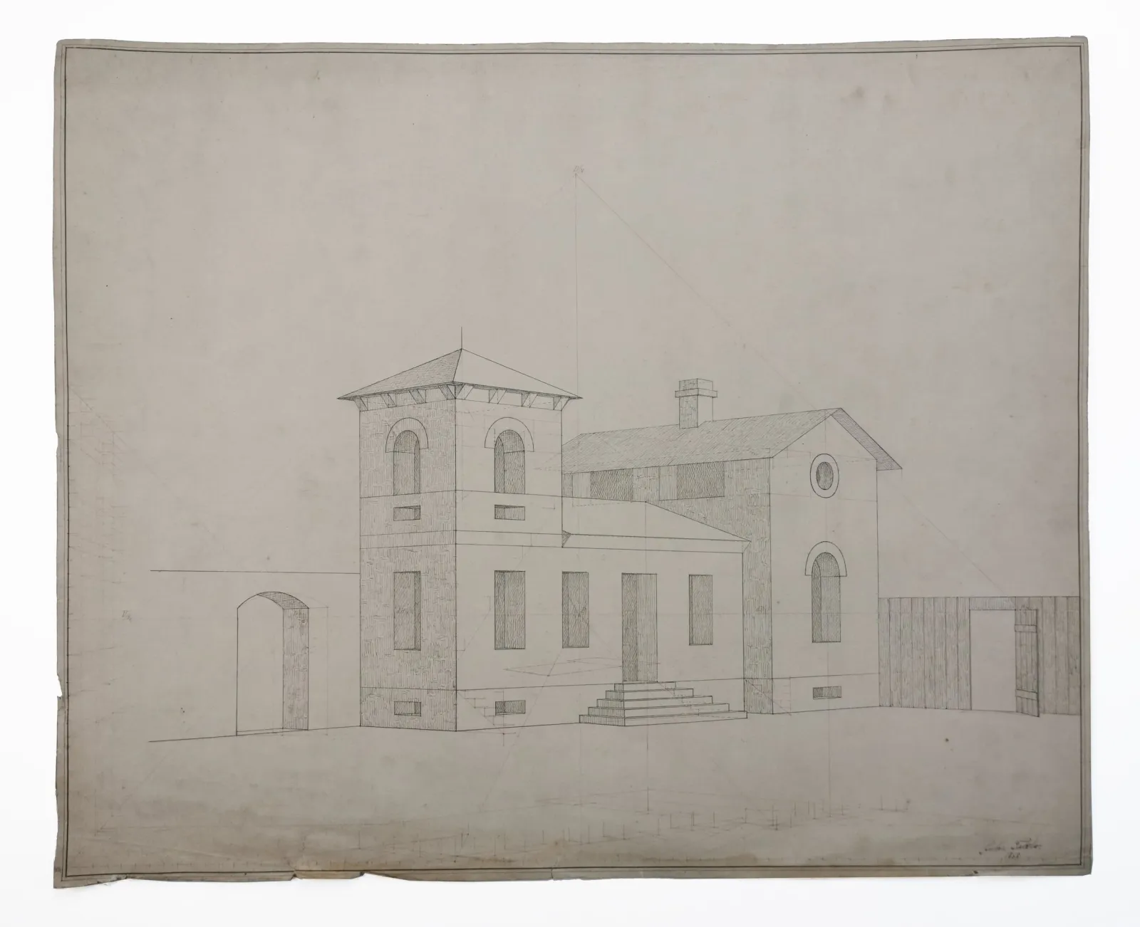 Ukendt kunstner: Perspektivøvelse. Arkitekturtegning af et hus, 1878. (Copy)