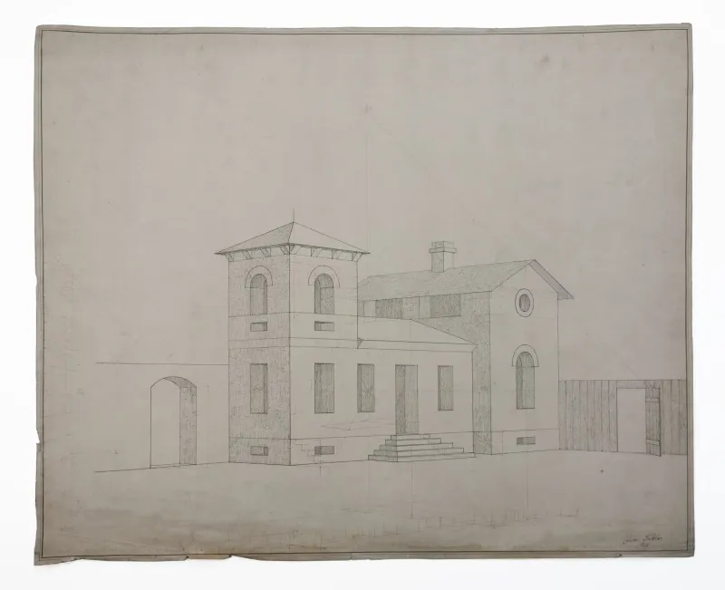 Ukendt kunstner: Perspektivøvelse. Arkitekturtegning af et hus, 1878. (Copy)