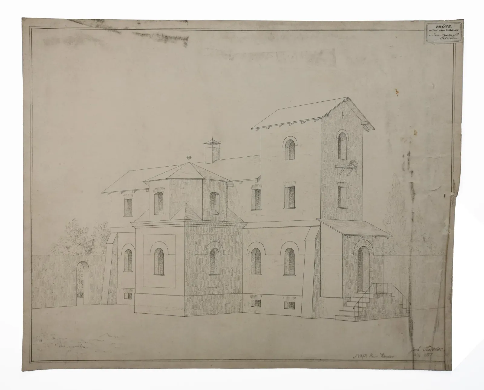 Ukendt kunstner: Perspektivøvelse. Arkitekturtegning af et hus, 1878.