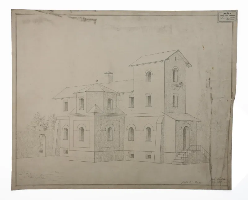 Ukendt kunstner: Perspektivøvelse. Arkitekturtegning af et hus, 1878.